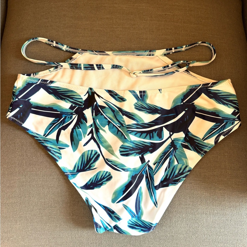 Foliage Motif Bikini Bottoms with Strap Detail